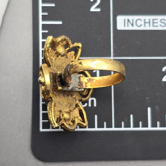 VTG Victorian Revival Turquoise & Faux Seed Pearls Filigree Ring Sz 9 Adjustable - Picture 7 of 10